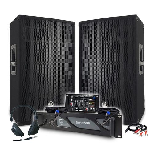 Pack Sono DJ BM SONIC Amplificateur 2000W, Paire d'Enceintes Passives 2x700W, Table de Mixage, Casque DJ, Câbles et Micro