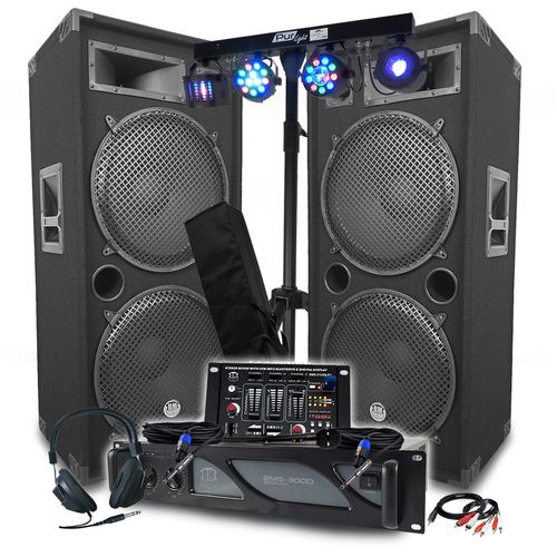 Pack Sono BM SONIC Ampli 3000W, Enceintes LSC215 4x38cm - 2x2000W, Table de Mixage, Euphoria Portique + 48 effets lumière