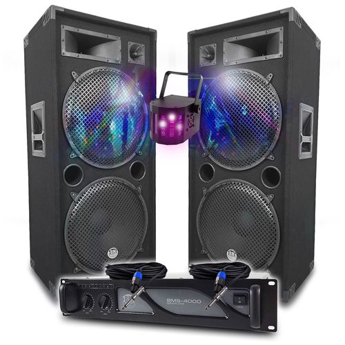 Pack Sono DJ BM SONIC Amplificateur 4000W, Paire d'Enceintes Passives LSC215 2x2000W, Câbles Speakon, Sonorisation PRO Light LED