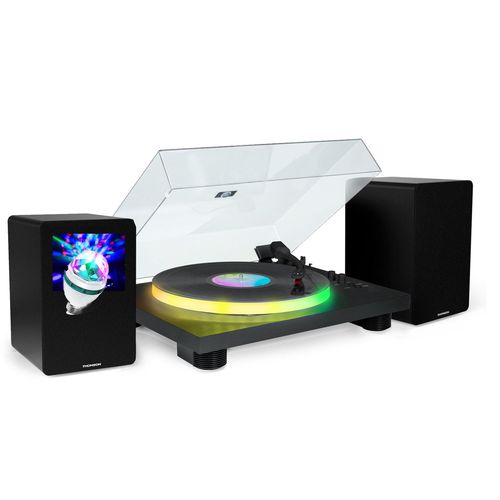 Tourne Disque 33/45/78 Tours Bluetooth, Plateau Lumineux Led - Big Ben Partybttdlight, Enceintes Thomson Bois 50w, Ampoule Diams