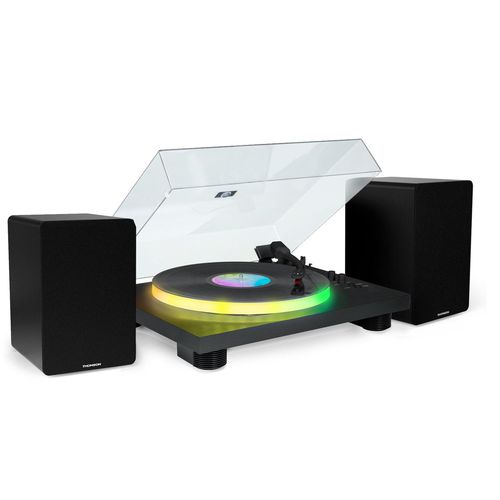 Tourne Disque 33/45/78 tours Bluetooth avec Plateau Lumineux LED - Big Ben PARTYBTTDLIGHT, avec Enceintes Thomson Bois 50W