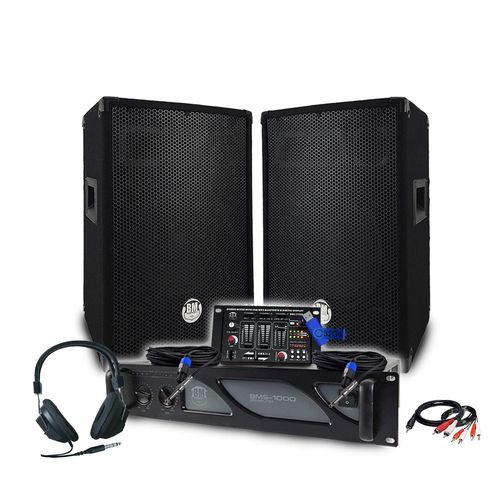 Pack Sono DJ BM SONIC Amplificateur 1000W, Paire d'Enceintes Passives 2x400W, Table de Mix, Casque, Câbles et Micro+Clé 32G