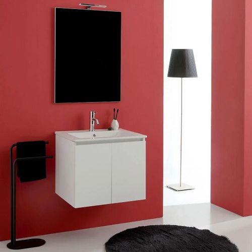 Meuble De Salle De Bains Suspendu 60cm 2 Portes Blanc, Lavabo Et Miroir 60x80 | Bilbao