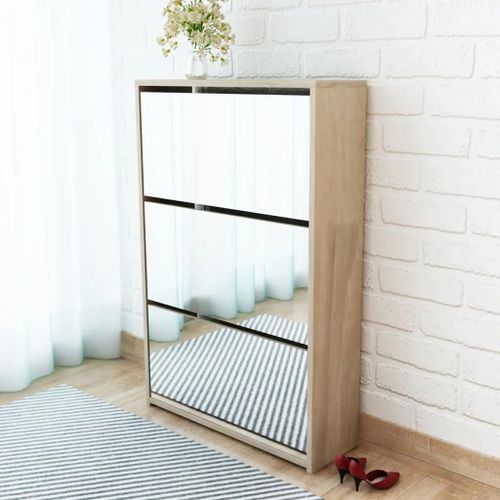 Meuble A Chaussures 3 Etageres Miroir 63x17x102,5 Cm Chene