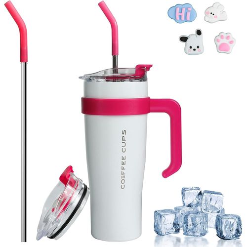 40Oz Mug Isotherme, 1182Ml Sans Bpa Tasse À Café Acier Inoxydable, Thermos Café Avec Paille Et Poignée, Double Isolée Tasse Isotherme, Travel Mug Tumbler, Tasse Cafe Voyage (Blanc)