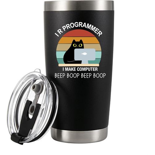 I R Programmer I Make Computer Beep Cat Lover Gobelet Isotherme En Acier Inoxydable Avec Couvercle Et Paille - 591 Ml - Noir