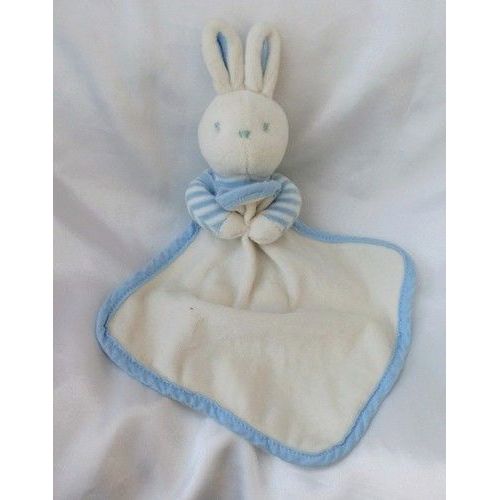 Doudou Peluche Lapin Rayures Bleu Blanc Mouchoir Blanc Klorane