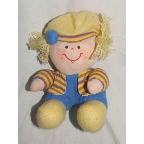 Poupée Tissu Chiffon Bleu Jaune Béret Assis 20 Cm