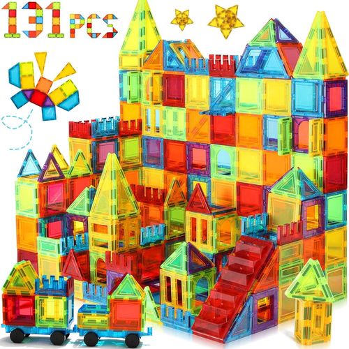 GOUTS ET COULEURSBlocs De Construction Magnétiques 131 Pcs Avec 2 Voitures, Jouets Magnétiques Pour Enfants Les Tout-Petits, Jouets Pour 3 4 5 6 7 8 Ans Garçon Fille, Multicolore.