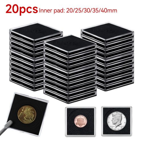 Porte-monnaie carré en acrylique,20 pièces,conteneur de Capsules,Gaine transparente,petite boîte de Protection ronde pour pièces de monnaie,présentoir 20mm-40mm