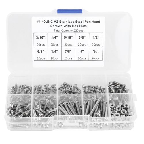 Vis à tête cylindrique croisée en acier inoxydable 304, avec écrous hexagonaux, rondelles, Kit de vis, 220 pièces #4-40UNC