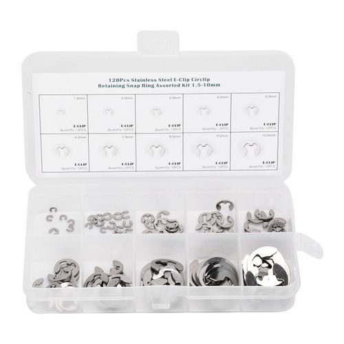 120 pièces E Clip rondelle en acier inoxydable anneau de retenue externe Kit d'assortiment de circlips 1.5mm-10mm