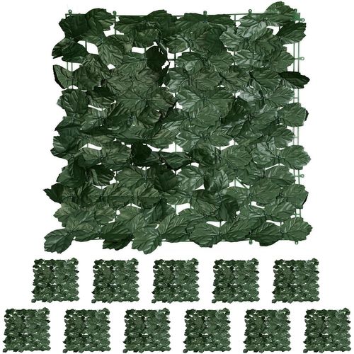 Brise-Vue En Lot De 12, Haie Artificielle, Feuilles Lierres, 50 X 50 Cm, Pour Jardin Ou Balcon, Vert Foncé