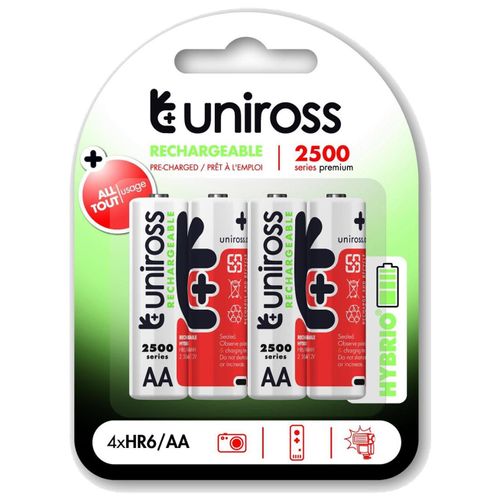 UNIROSS Pack de 4 Piles Rechargeable AA/HR6 2500 NIMH HYBRIO, 1.2V