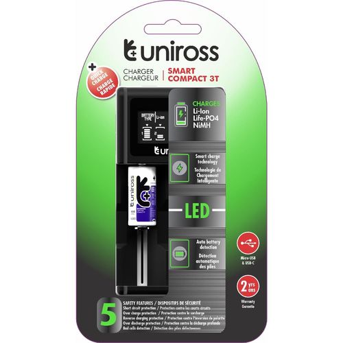 UNIROSS Chargeur Compact 3T LCD, Pour 1 à 2 Piles Lithium 1.2V AA et AAA