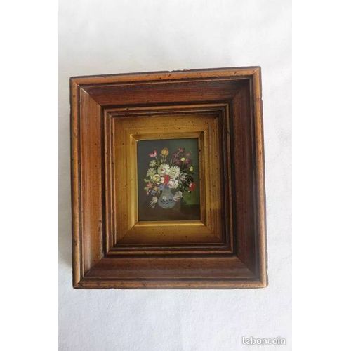 Ancien Tableau Floral Huile Sur Cuivre Signé