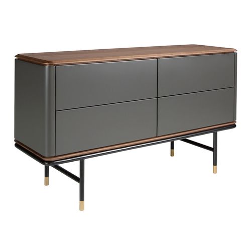 Commode En Bois Gris Foncé Mat, Acier Noir Et Plateau En Noyer