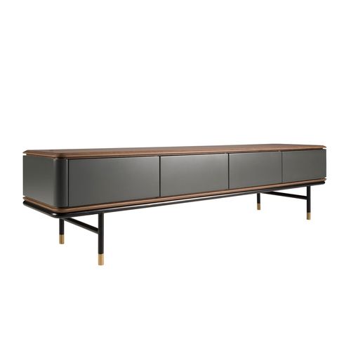 Meuble Tv En Bois Gris Foncé Mat, Acier Noir Et Plateau En Noyer