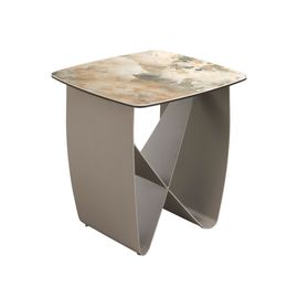 Table D'angle Carrée En Marbre Porcelaine Et Acier Taupe Métallique