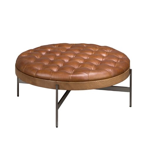 Table Basse Ronde En Cuir Brun Foncé, Noyer Et Acier Foncé