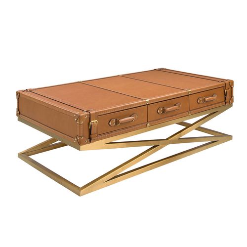 Table Basse Rectangulaire En Cuir Et Acier Doré