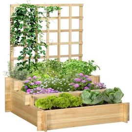 Carré Potager Jardinière À 3 Étages Avec Treillis Surélevé En Bois Sans Fond Pour Plantes Grimpantes, Légumes, Fleurs - Bois Naturel