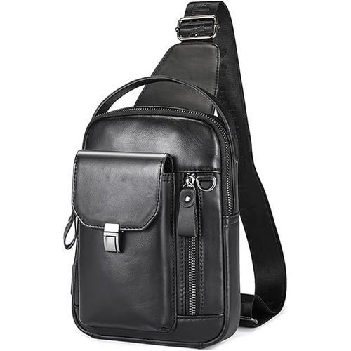 Sac à Bandoulière Cuir Homme/Femme Compact 17x8x23 cm Multi-Poches Sangle Large Design Elégant Idéal Voyage et Usage Quotidien. Cuir Vache Ciré Résistant à l’eau, Confort et Style Noir