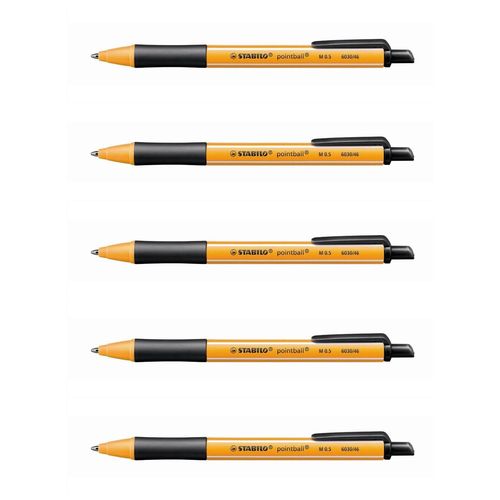 Stabilo Lot De 5 Stylos Bille Rétractable Pointball Tracé 0,5 Mm Noir