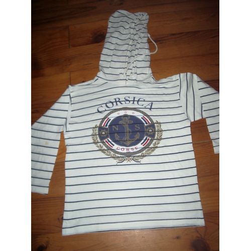 Tee-Shirt Manches Longues À Capuche 8 Ans Rayé Bleu/Blanc Corsica