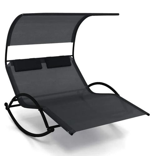 Costway Chaise À Bascule De Jardin 2 Places, 2 Appui-Têtes Amovibles, Chaise Longue 2 Personnes, Lit De Repos Ergonomique, Noir