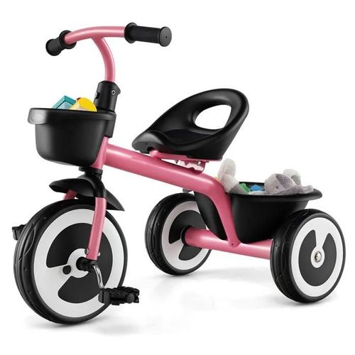 Costway Tricycle Pour Enfant Avec Pédale, Siège Réglable, Paniers De Rangement, Fer Carbone Robuste, 4 Roues Eva, 1,5 À 5 Ans, Rose