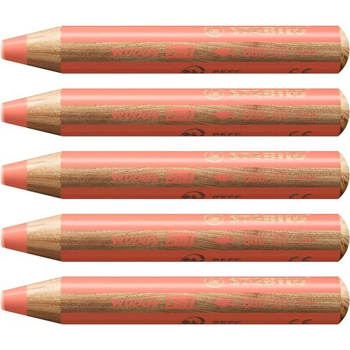 Stabilo Lot De 5 Crayons Multi-Talents Woody 3en1, Rond, Rouge Pastel
