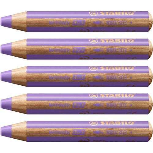 Stabilo Lot De 5 Crayons Multi-Talents Woody 3en1, Rond, Mauve Pastel