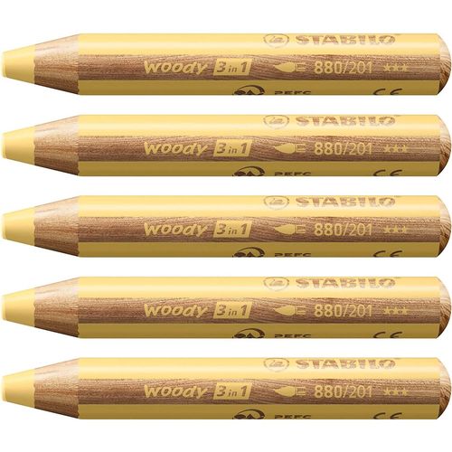 Stabilo Lot De 5 Crayons Multi-Talents Woody 3en1, Rond, Jaune Pastel