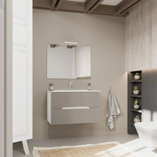 Meuble De Salle De Bain Bicolore 80cm Chêne Blanc, 2 Tiroirs Gris Magnolia