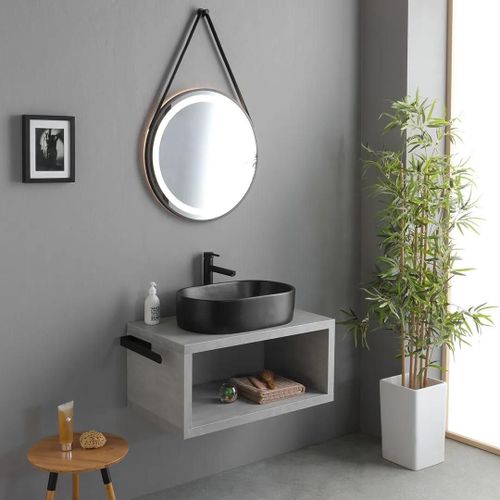 Meuble De Salle De Bains Suspendu 80cm Avec Lavabo Sur Pied Noir Mat | Kyoto