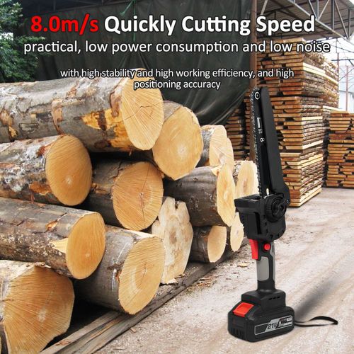 Mini tronçonneuse électrique portable sans fil de 8 pouces avec 1 batterie, 2 chaînes, alimentée par batterie 21 V, avec verrouillage de sécurité pour la coupe des arbres, des branches et de la coupe du bois