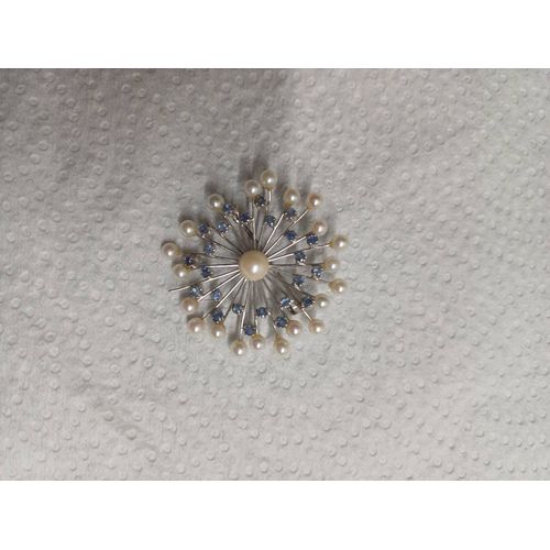 Broche Perles Et Saphirs En Or Blanc 750, 18 Carats, Année 1960
