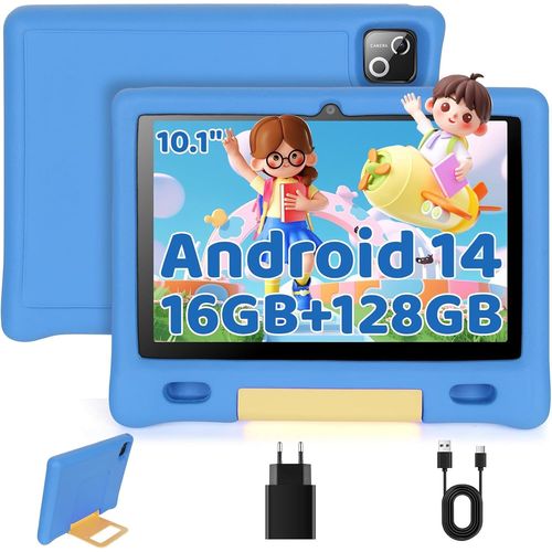 Tablette Enfants 10 Pouces Octa Core avec 16 Go + 128 Go + 1 To TF, Ecran HD 1280x800 IPS, Widevine L1, 5000 mAh, Wi-FI 6, BT 5.3, Preinstalle KIDOZ (Bleu)