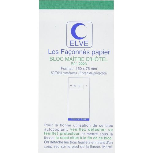 Elve Bloc Maitre D'hotel 75x150mm 50 Feuillets Autocopiant Tripli