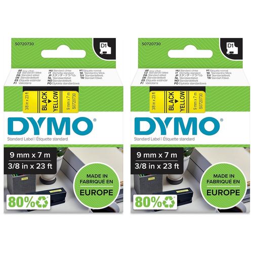 Dymo Lot De 2 K7s Ruban D1 Noir Sur Jaune 9mmx7,0m