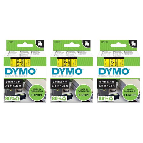 Dymo Lot De 3 K7s Ruban D1 Noir Sur Jaune 9mmx7,0m