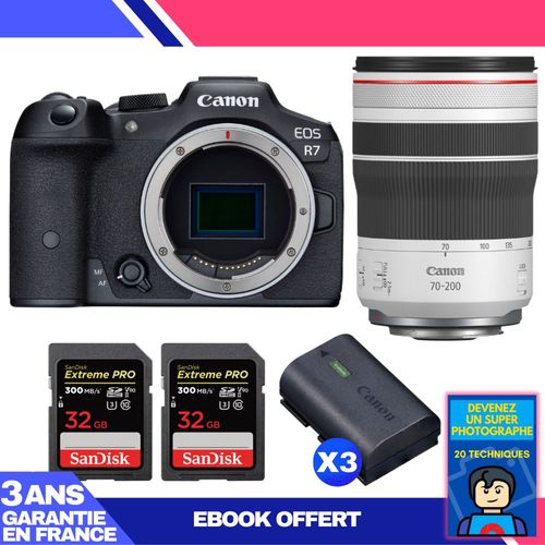 Boitier Canon EOS R7 + RF 70-200mm F4 L IS USM + 2 SanDisk 32GB Extreme PRO UHS-II SDXC 300 MB/s + 3 Canon LP-E6NH + Ebook 'Devenez Un Super Photographe'