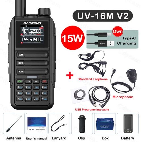 walkie-talkie UV16M V2 15W,haute capacité AM FM,Radio bidirectionnelle,bande complète LCD,copie de fréquence 999CH,réduction du bruit NOAA - Type Black-Kit 6-Usb plug