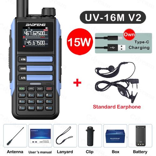 walkie-talkie UV16M V2 15W,haute capacité AM FM,Radio bidirectionnelle,bande complète LCD,copie de fréquence 999CH,réduction du bruit NOAA - Type Blue-Kit 2-Usb plug #A