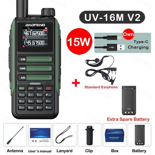 walkie-talkie UV16M V2 15W,haute capacité AM FM,Radio bidirectionnelle,bande complète LCD,copie de fréquence 999CH,réduction du bruit NOAA - Type Green-Kit 9-Usb plug
