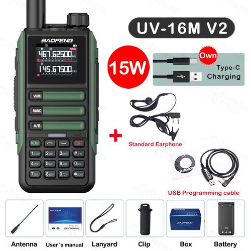 walkie-talkie UV16M V2 15W,haute capacité AM FM,Radio bidirectionnelle,bande complète LCD,copie de fréquence 999CH,réduction du bruit NOAA - Type Green-Kit 3-Usb plug #B