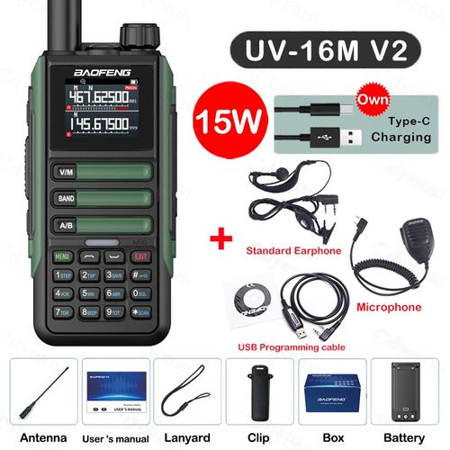 walkie-talkie UV16M V2 15W,haute capacité AM FM,Radio bidirectionnelle,bande complète LCD,copie de fréquence 999CH,réduction du bruit NOAA - Type Green-Kit 8-Usb plug
