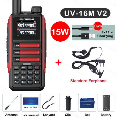 walkie-talkie UV16M V2 15W,haute capacité AM FM,Radio bidirectionnelle,bande complète LCD,copie de fréquence 999CH,réduction du bruit NOAA - Type Red-Kit 2-Usb plug #B