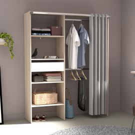 Dressing Avec Rideau, 4 Étagères, 2 Penderies Et Un Tiroir Bois Et Blanc Bali